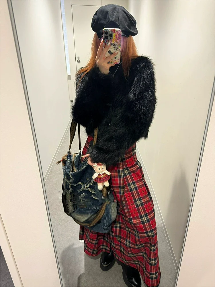 Falda larga acampanada a cuadros rojos Retro francés para mujer, faldas plisadas rectas de cintura alta de longitud media, ropa de calle Y2k para primavera