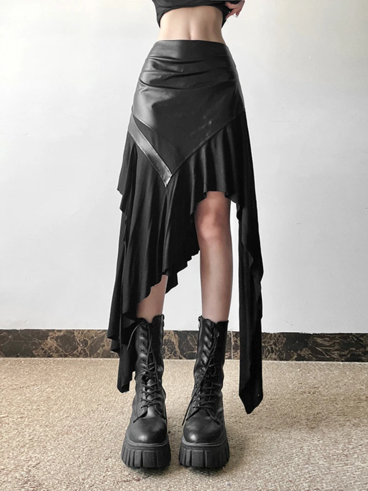 AltGoth-falda Harajuku Cyber Punk para mujer, ropa de calle gótica de Academia oscura, nueva moda Y2k, falda Irregular de cintura alta de retazos de Pu