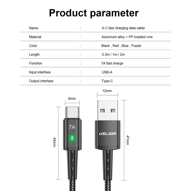 Cable USB tipo C 7A para Samsung S22 S20 Xiaomi mi 12, Cable USB C de carga rápida para teléfono móvil, Cable de datos para cargador tipo C