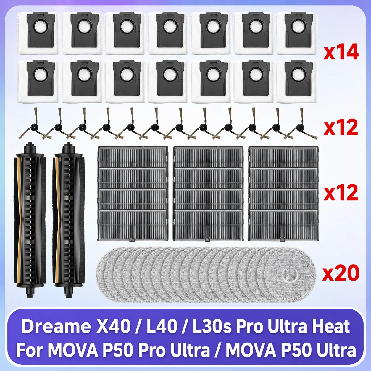 Compatible con (MOVA P50 PRO ULTRA / MOVA P50 Ultra, Dreame X40 Ultra / L40 Ultra / MOVA P10 PRO ULTRA) Piezas de Aspiradora Rodillo Principal Tricut Cepillo Lateral Filtro Paño de Bolsa de Polvo Accesorios