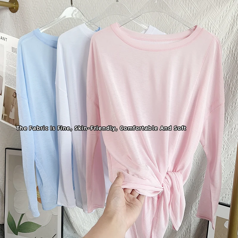 Camisas de Yoga para mujer, Tops deportivos de manga larga con cuello redondo, camiseta transpirable para correr, ropa holgada para Fitness, ropa deportiva para gimnasio, camisetas de Pilates