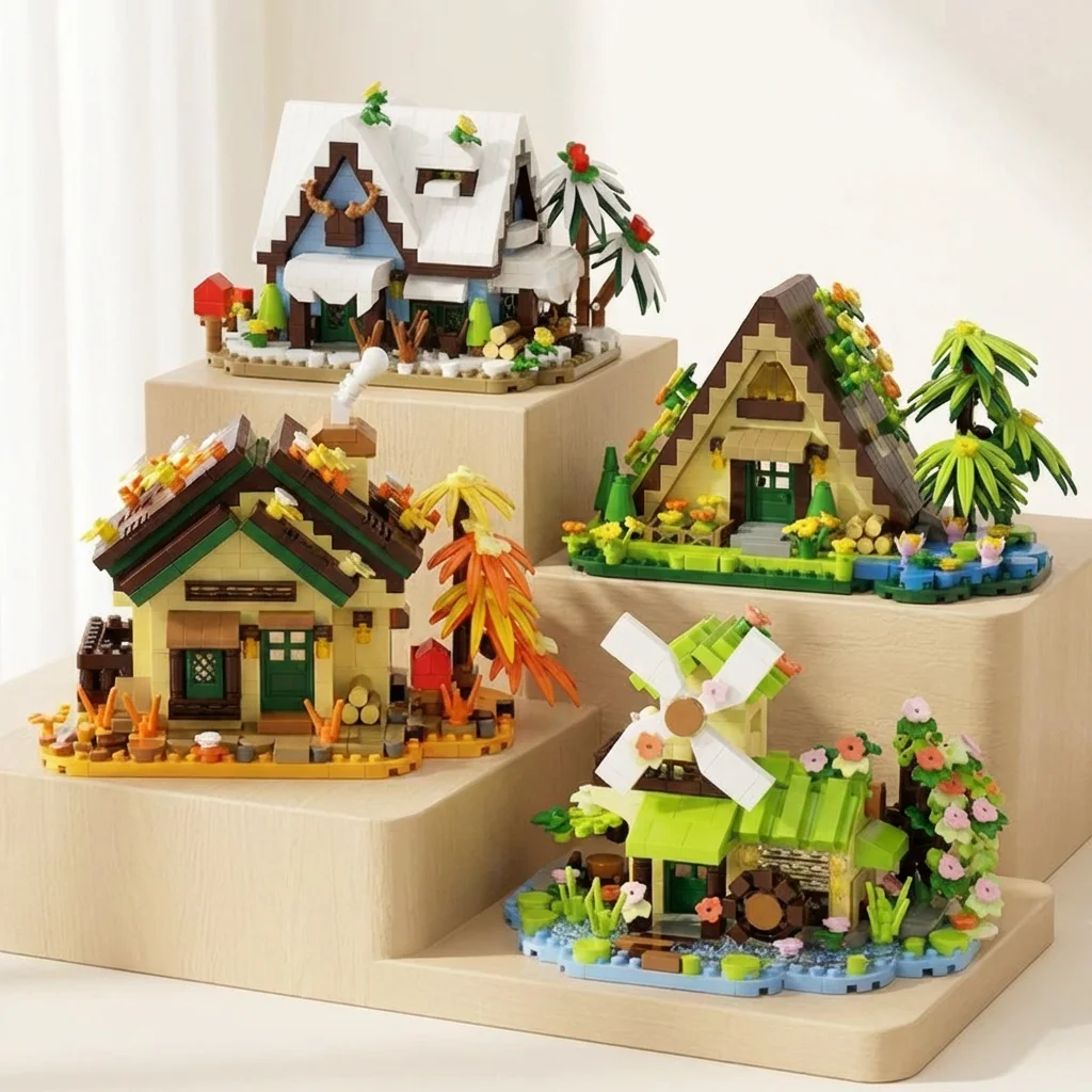 Set de Mini Bloques de Construcción Cabaña en el Bosque, Invernadero, Molino de Viento, Casa del Árbol, Modelo DIY, Juguetes de Decoración con Vista a la Ciudad