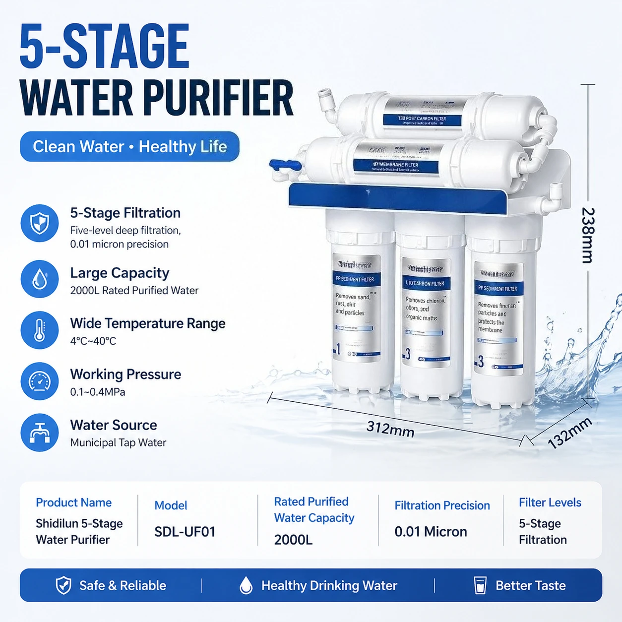 Filtro de agua debajo del fregadero: purificador de agua del grifo de cocina de ultrafiltración de 5 etapas para el hogar, prefiltro de bebida directa certificado NSF