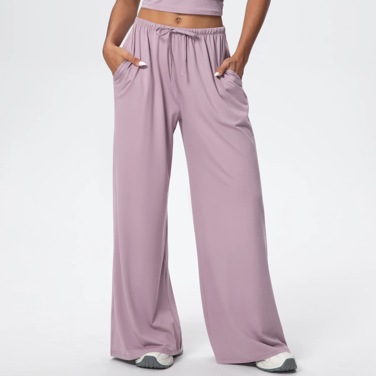 Pantalones de tubo de Yoga sueltos transpirables de Color sólido levantando glúteos deportes pantalones de pierna ancha de secado rápido con bolsillos pantalones de Yoga para gimnasio