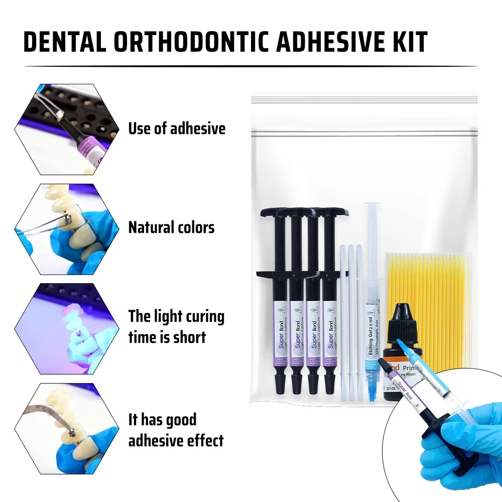 Kit de pegamento de curado ligero adhesivo de ortodoncia Dental, pegamento azul, pasta de pegamento verde, imprimación de grabado, unión Invisible para soportes