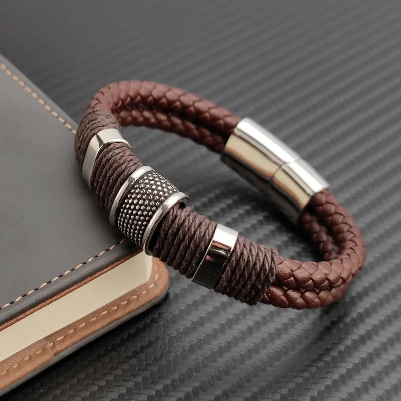 Pulsera de lujo Vintage multicapa de cuero marrón de acero inoxidable para hombre, pulsera de cuentas, joyería, brazalete de muñeca para hombre, regalos de navidad