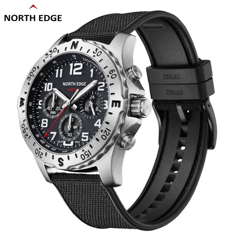 Reloj NORTH EDGE 2025 MACH 2 para Hombre, Energía Solar, Caja de Acero Inoxidable 316, Reloj de Cuarzo, Piloto, Resistente al Agua 50M, Cronómetro