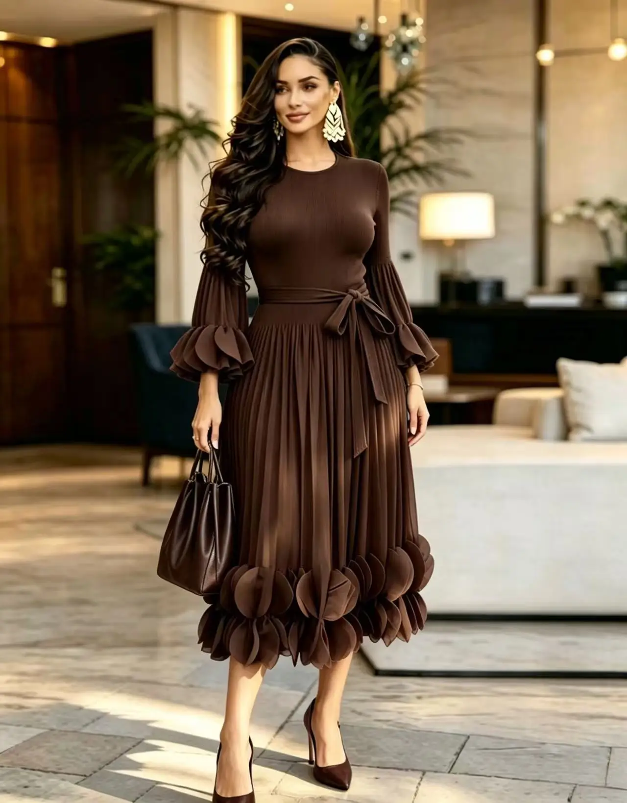Vestido Largo de Verano para Mujer 2026 Miyake, de Lujo Ligero y Alta Gama, con Cuello Redondo, Diseño Plisado con Volantes y Borde Elegante