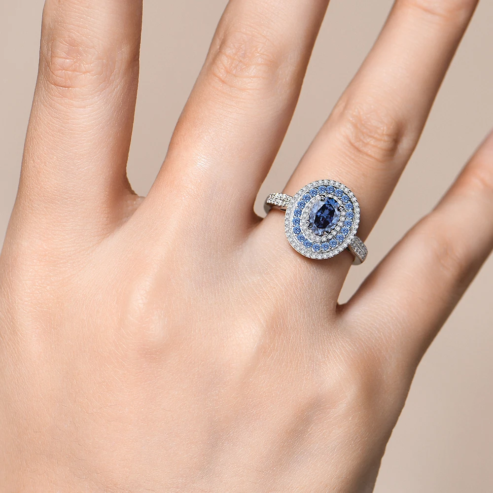 Anillos de moissanita azul ATTAGEMS para mujer, corte ovalado, 1,0 CT, joyería de plata de ley S925 auténtica para boda, anillo de compromiso con certificado