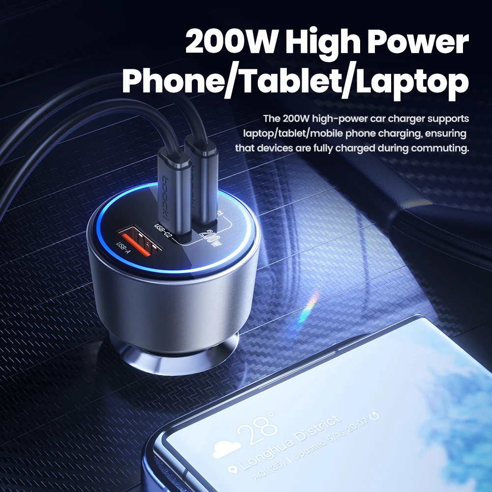 Toocki 200W cargador de coche USB tipo C QC 4,0 PPS 45W PD 100W carga rápida USB C cargador de teléfono de coche para iPhone 16 15 Samsung Macbook