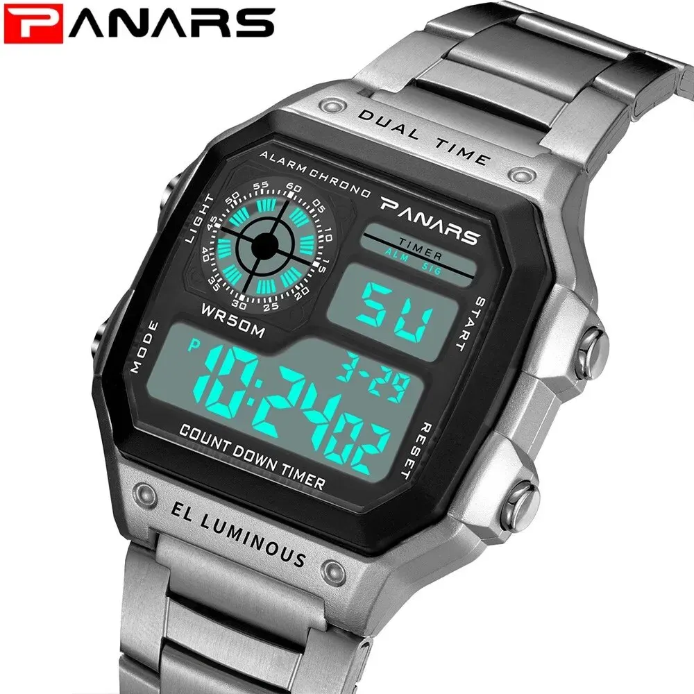 PANARS-reloj deportivo de lujo para hombre, cronógrafo Digital con correa de acero inoxidable, resistente al agua, con luz trasera y alarma