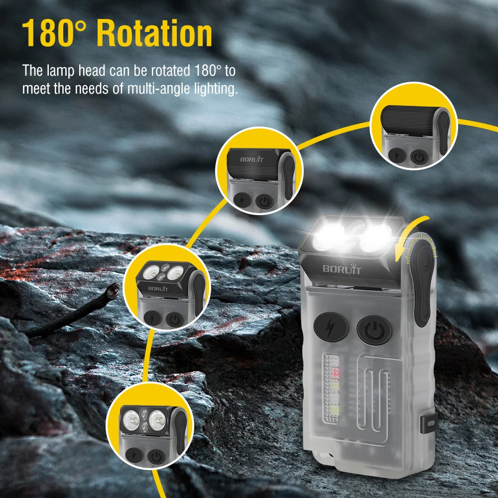 Llavero con linterna LED BORUiT V20 180 ° Clip de pitido magnético UV de rotación USB-C recargable Camping pesca antorcha alarma emergencia