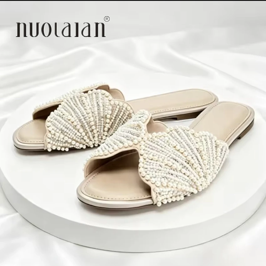 Sandalias Planas de Verano de Lujo para Mujer, Sandalias de Diseñador con Imitación de Perlas, Cómodas y Ligeras, Zapatos Casuales de Playa para Mujer