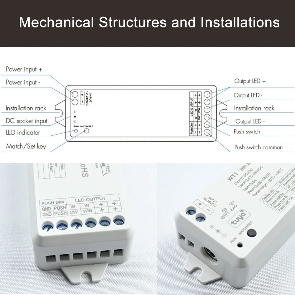 Atenuador inteligente LED, Kit de controlador de atenuación de tira LED CCT de 2 canales, 12V, 24V, 36V, 2,4G, Control remoto RF, Interruptor táctil de 4 zonas para TUYA Wifi