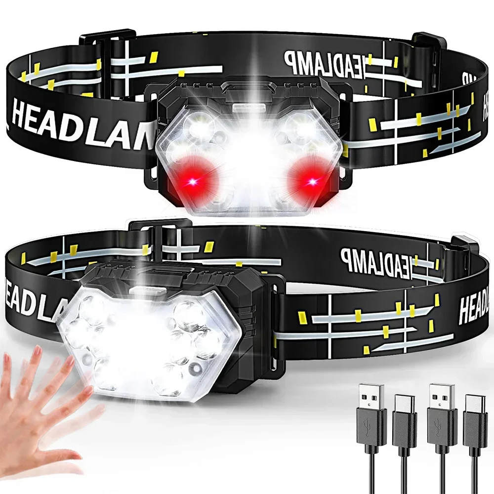 Linterna frontal Led recargable por USB de 2000 lúmenes, linterna frontal con Sensor de movimiento, linternas para cabeza impermeables, lámpara para cabeza de pesca y acampada al aire libre