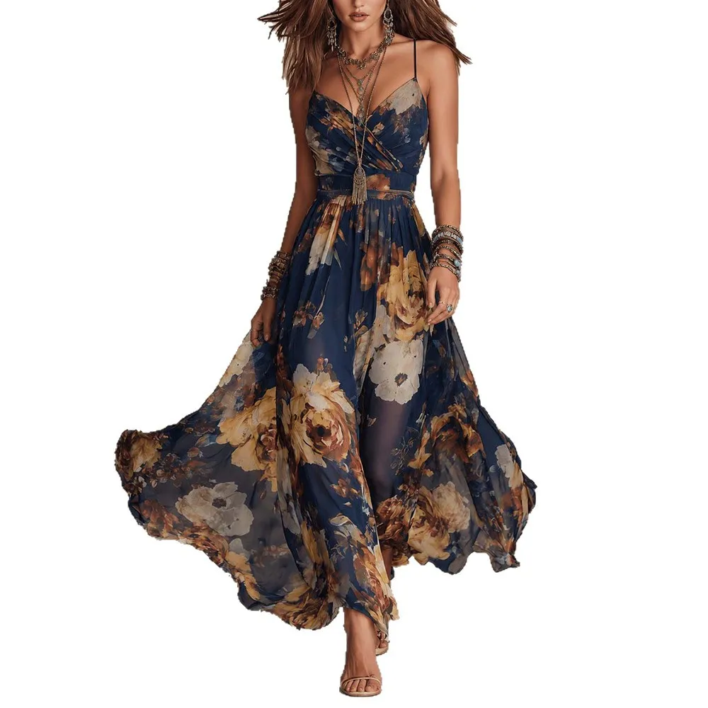 Nuevo Vestido Maxi Bohemio con Estampado Floral para Mujer, Elegante, con Tirantes Finos, Cuello en V, Sin Mangas, Cintura Ajustada, Línea A, Largo y Fluido, para Playa