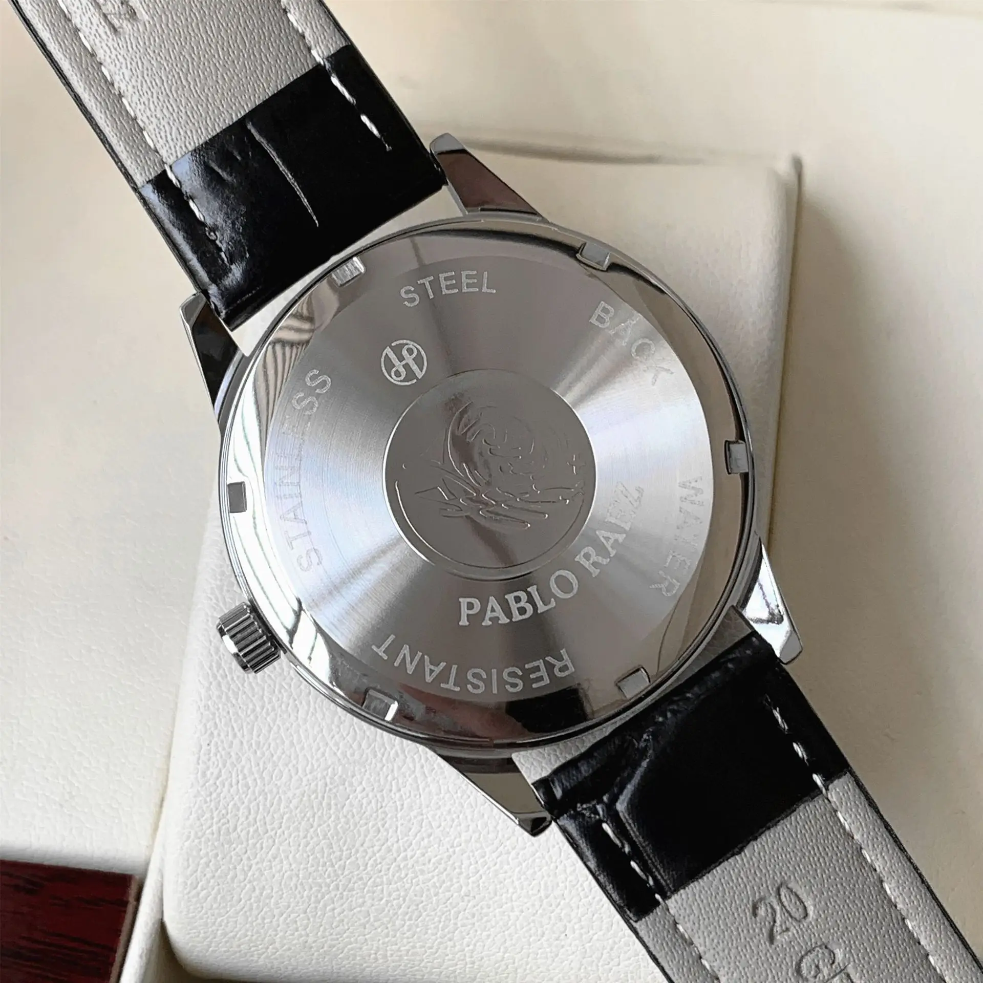 Reloj de pulsera de cuarzo para hombre, de marca, de negocios, resistente al agua, con calendario, correa de cuero (incluye caja y batería de repuesto)
