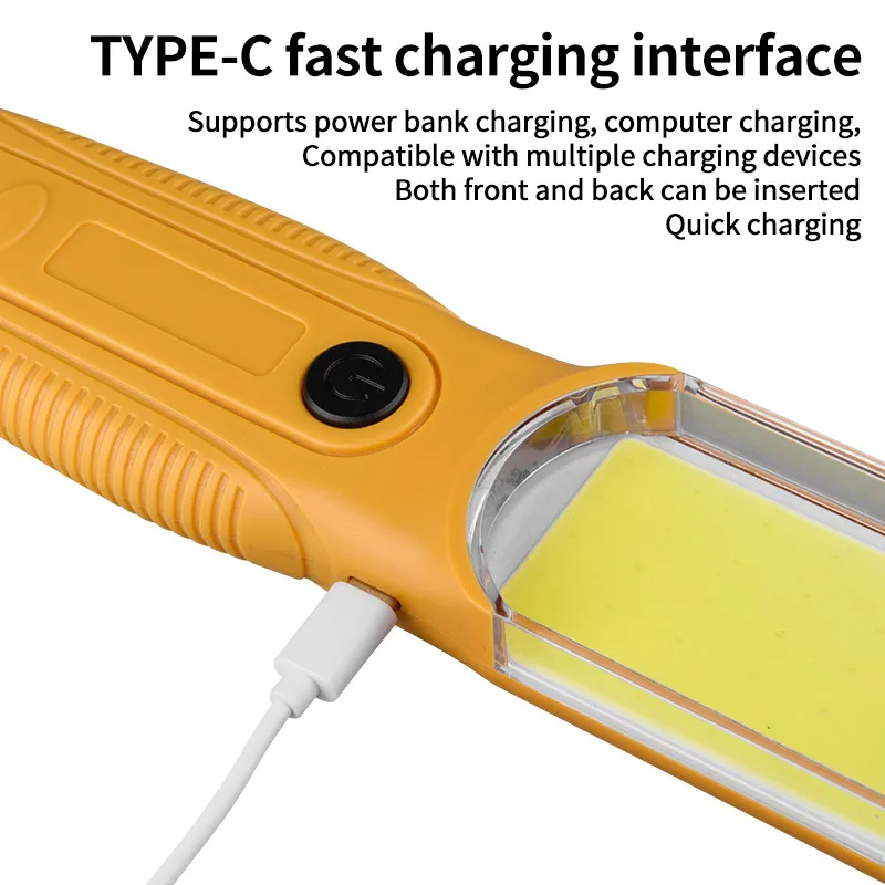 Luz de trabajo LED COB fuerte, reflector de mano, recargable por USB, portátil, para reparación de acampada, linterna de emergencia con gancho magnético
