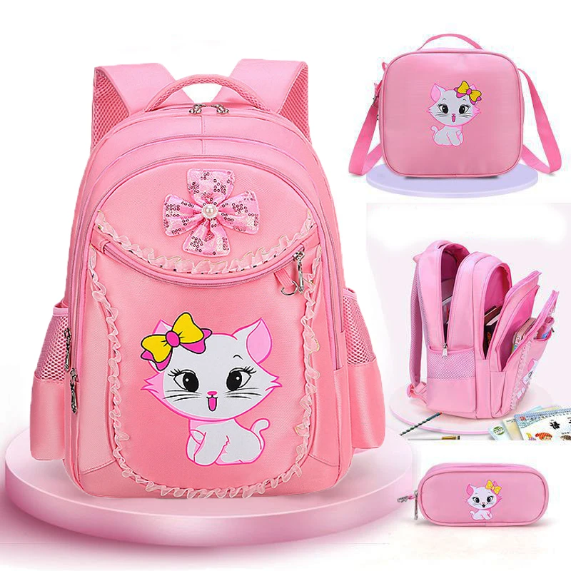 Mochila para niños, bolso escolar rosa con bonito gato para guardería, mochila para niñas, estudiantes y adolescentes, mochila escolar impermeable para primaria