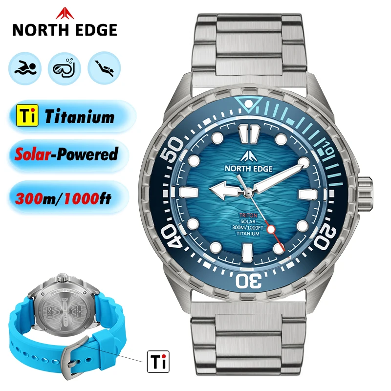 Reloj de buceo NORTH EDGE TRITON-TI de titanio y acero inoxidable, con energía solar, reloj de cuarzo de lujo para hombre, resistente al agua hasta 300 m, con más de 180 días de autonomía.