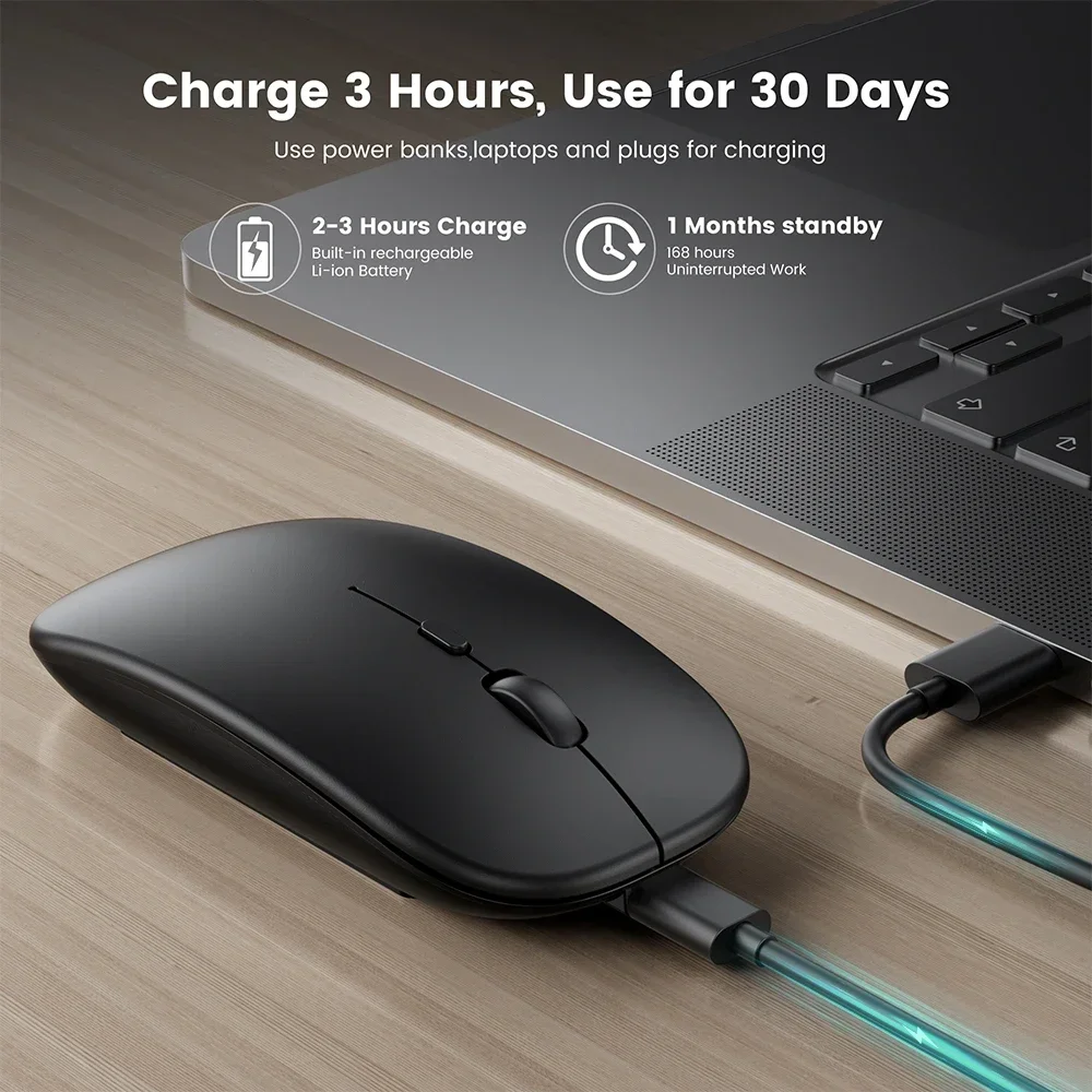 Ratón inalámbrico delgado compatible con Bluetooth 2,4G, ratón inalámbrico portátil recargable/batería para iPad, portátil y de escritorio