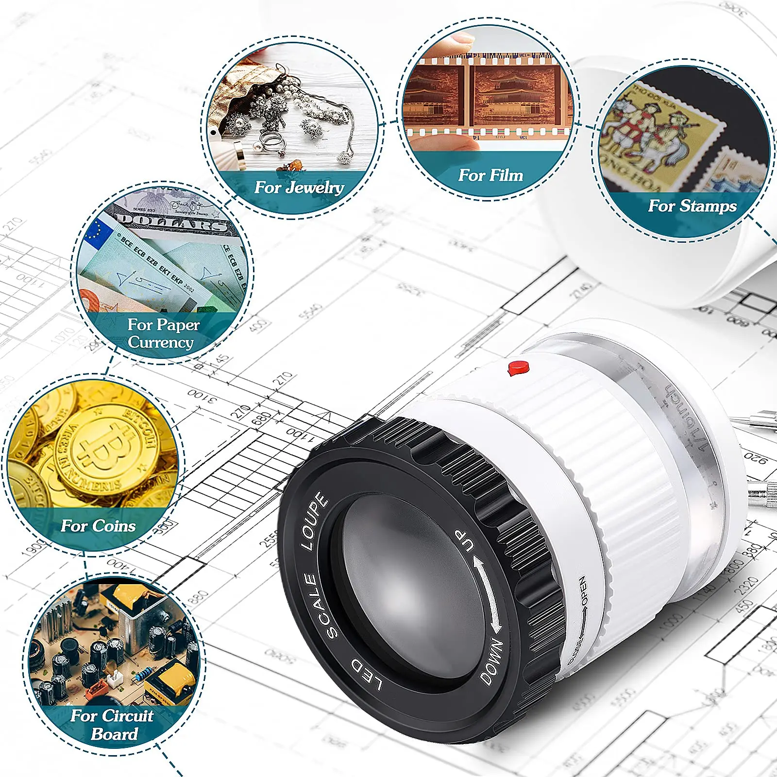 Lupa de mano cilíndrica 30X con escala LED Luz UV Lupa iluminada Focal ajustable HD Lupa joyería Lupa