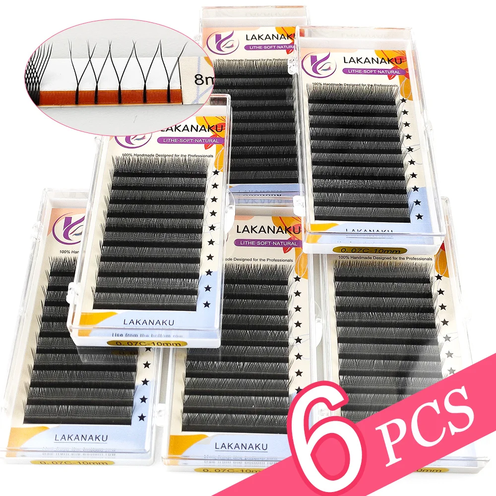LAKANAKU Cilios YY Extensiones de pestañas 6 bandejas Pestañas 0,07 C D 8-12 Mezcla YY Pestañas Natural Suave Premade Fans Faux Cilios