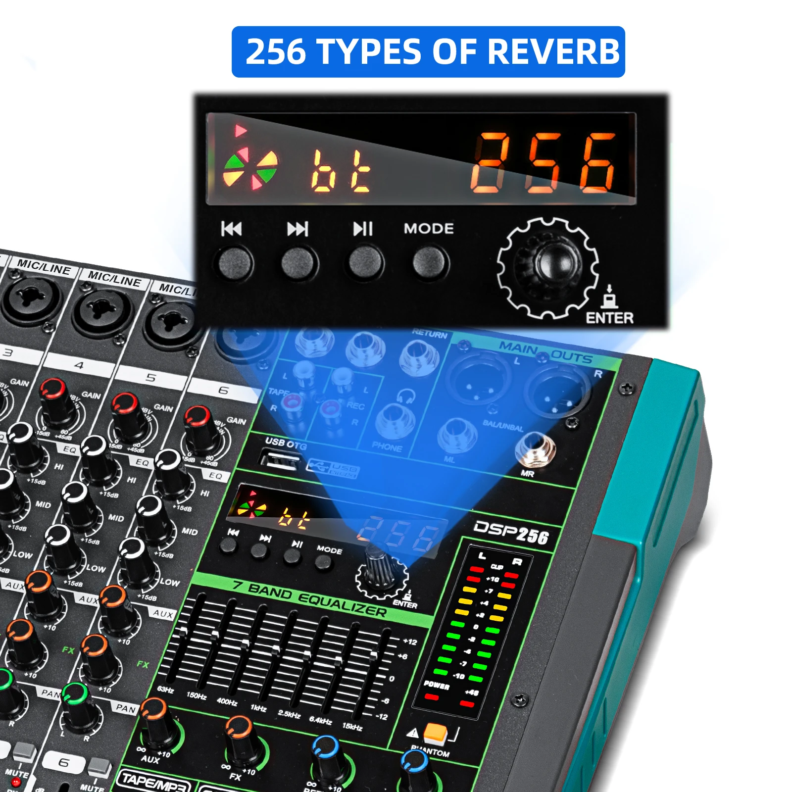 Mezclador de Audio Profesional Depusheng MG6, Consola de Sonido de 6 Canales, Sistema de Mezcla para DJ, Interfaz de Mesa de Mezclas con 256 Efectos de Reverberación Integrados