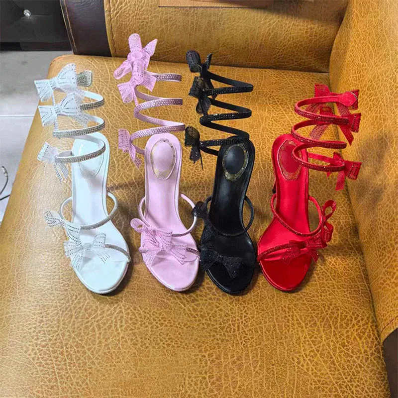 Sandalias de gladiador de lujo con lazo de malla y diamantes de imitación para mujer, zapatos sexys de banda estrecha y tacones altos finos, zapatos de fiesta de boda de verano