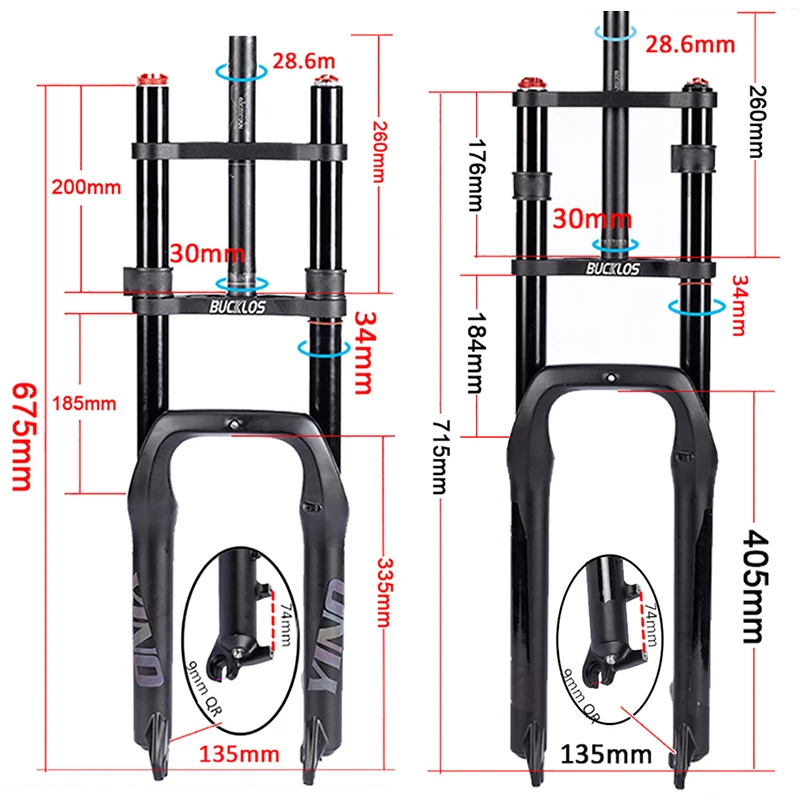 BUCKLOS MTB horquilla 20 26 pulgadas Fatbike horquilla doble hombro bicicleta de montaña suspensión neumático ancho bicicleta horquilla de aire para nieve playa bicicleta