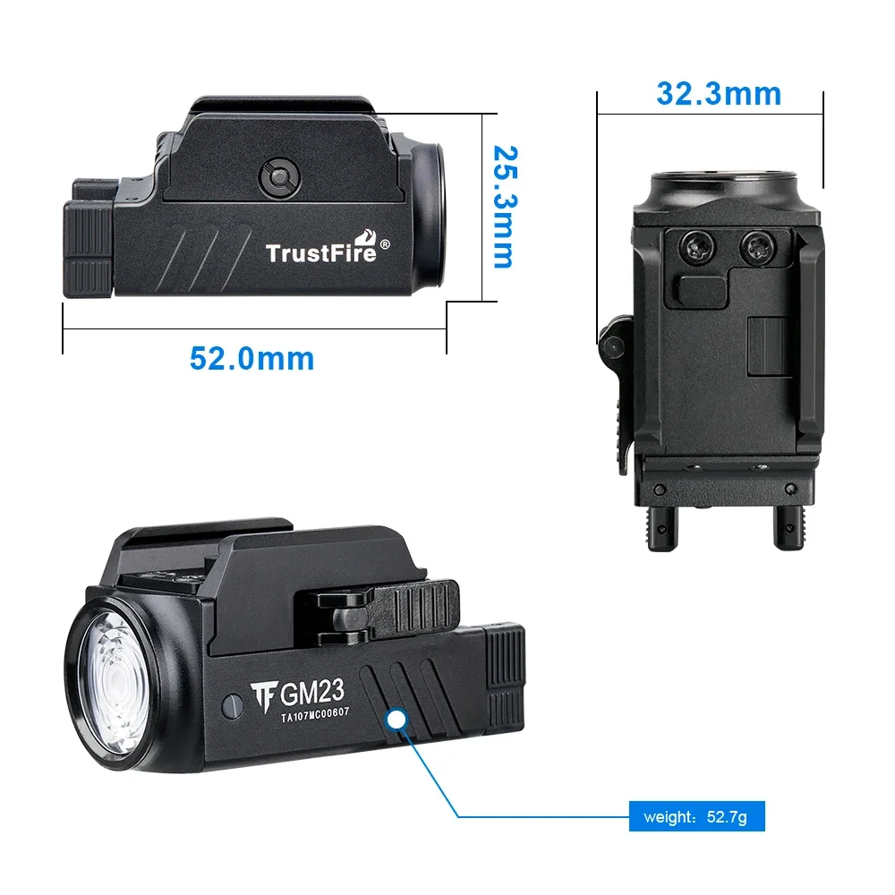 Linterna Táctica LED Trustfire GM23 de 800 Lúmenes, Mini Linterna Compacta Recargable por USB, Lámpara de Liberación Rápida Gl0ck