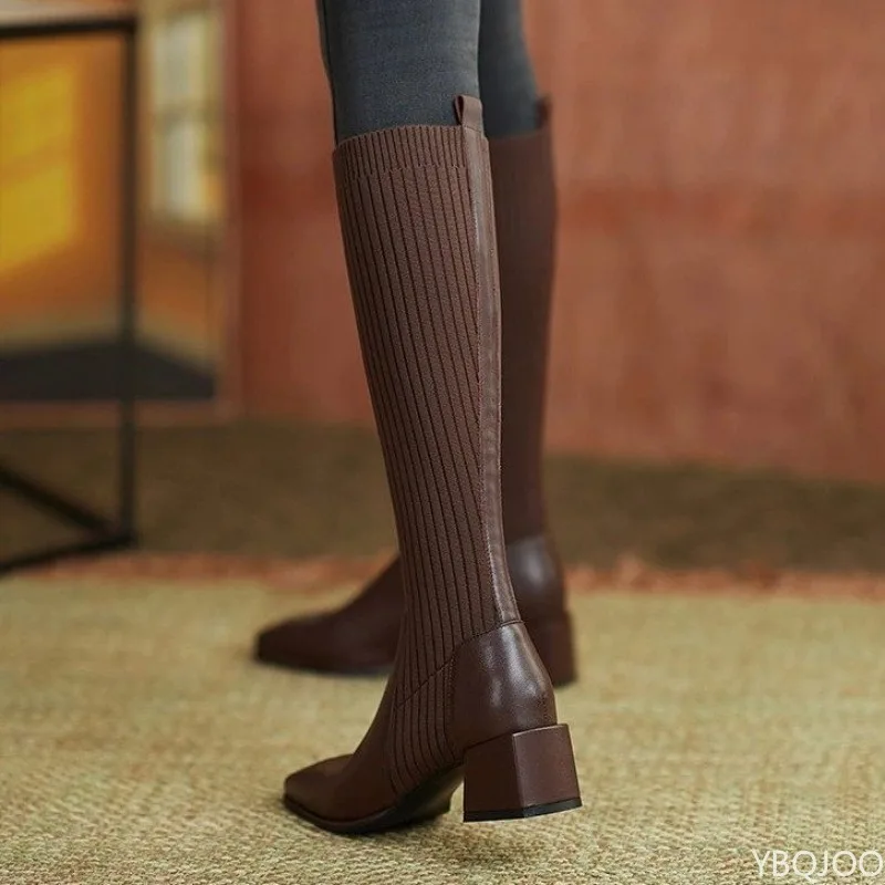 Calcetines botas elásticas retro mujer Otoño Invierno tacón grueso medio tacón tejido simple cómodo temperamento botas largas de mujer