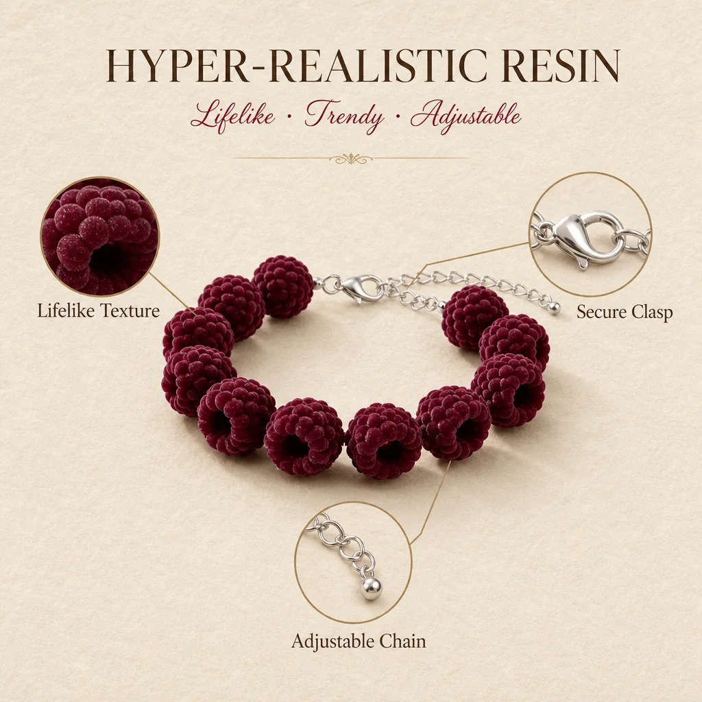 Pulsera de resina con cuentas de frambuesa, cadena ajustable, dije de fruta, joyería bonita y moderna para el verano, regalo para mujeres y niñas