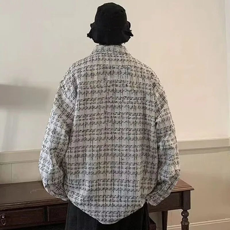Chaqueta sin cuello ajustada de tweed de lana para primavera/otoño/invierno para hombre con diseño de franjas de diferente color para un look juvenil