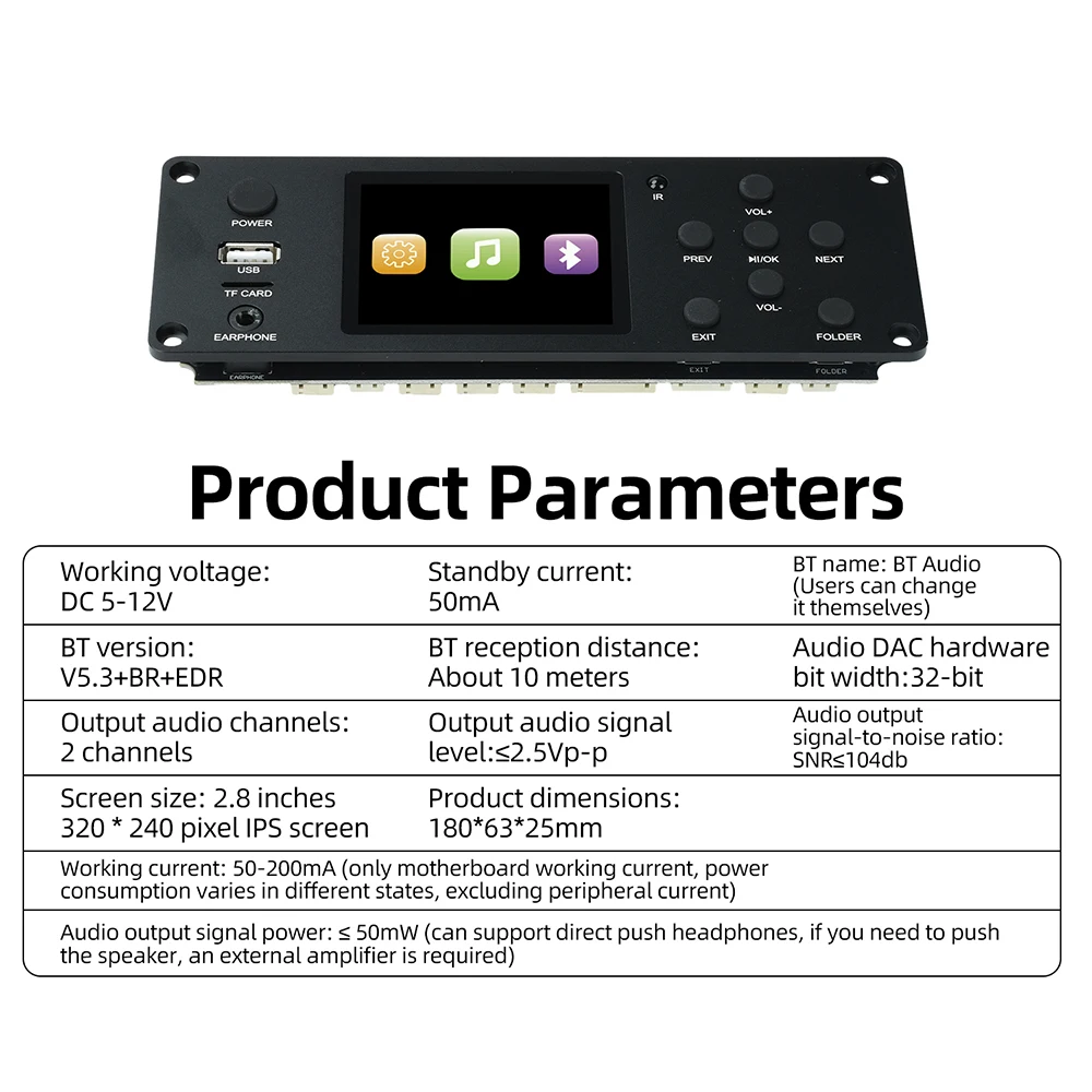 Amplificador TFT de 2.8 pulgadas, Reproductor de Audio BT sin Pérdidas, Placa Decodificadora MP3 DC 5-12V, Módulo de Radio FM USB TF para Auto, Pantalla a Color IPS