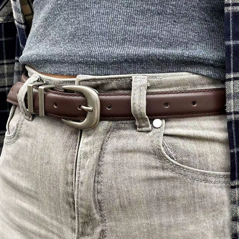 Cinturón vintage unisex de piel de vaca de cuero genuino negro con hebilla plateada para hombres y mujeres cinturón de moda para pantalones vaqueros