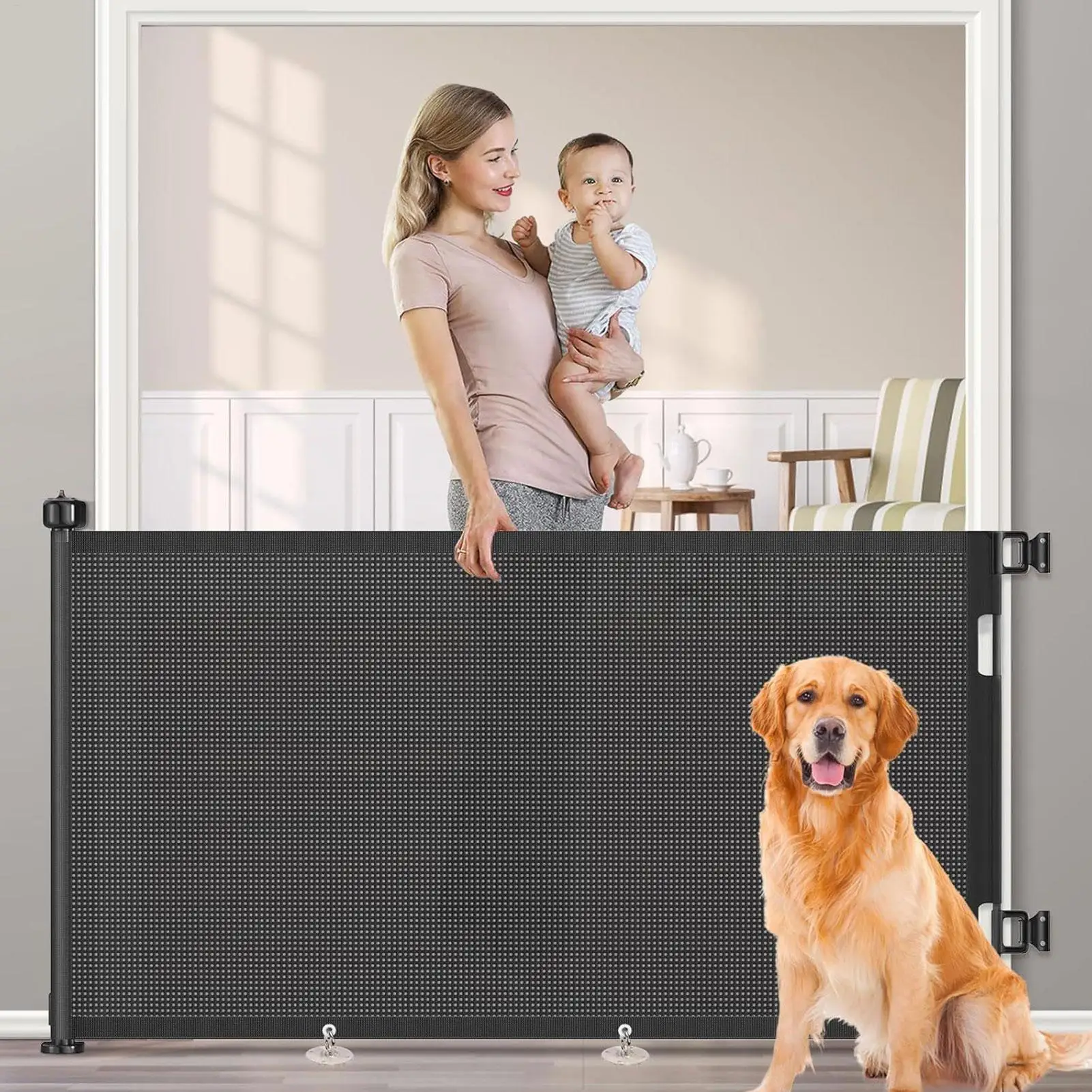 Barrera retráctil para bebés, sin necesidad de taladrar, para mascotas, para escaleras, para perros y gatos, valla para puertas de escaleras, malla de seguridad para niños, puerta de seguridad para niños, sin necesidad de taladrar.