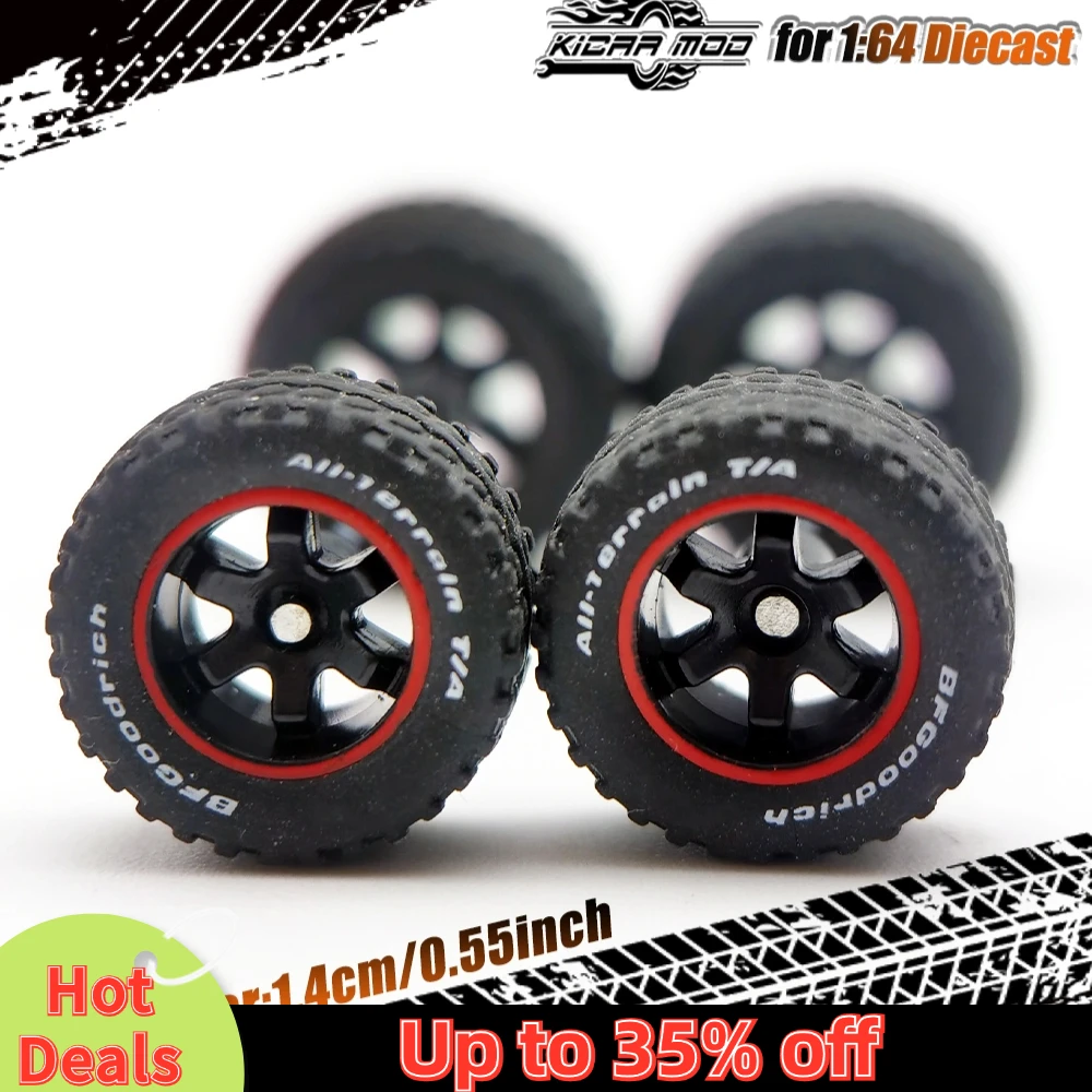 Neumáticos de goma de 14 mm (1/64) con letras y rines de coche de fundición a presión para vehículos todoterreno a escala 1:64, dedicados a camionetas pickup y sedanes grandes (1 juego)