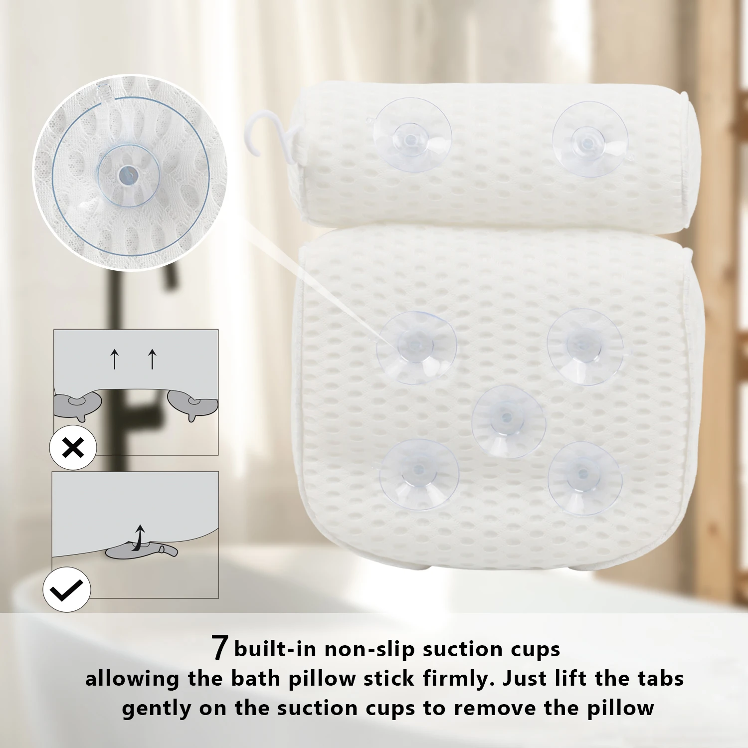 Almohada de baño para bañera, soporte para cuello, cabeza y espalda con ventosas antideslizantes, almohada para bañera de malla de aire