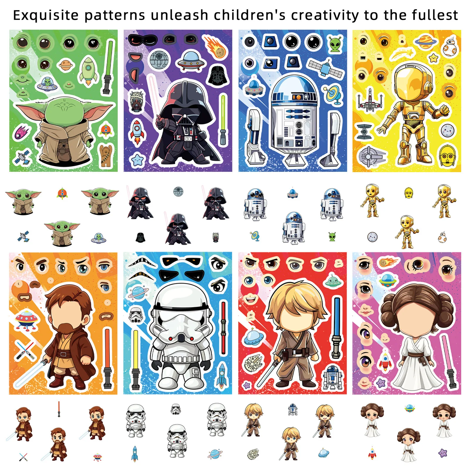 8 Hojas de Pegatinas de Anime Jedi para Crear una Cara, Calcomanías de Dibujos Animados para Niños, DIY, Rompecabezas, Decoración para Fiestas Infantiles