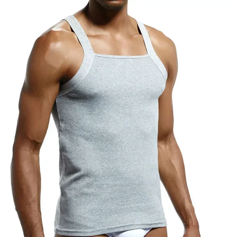 Camisetas sin mangas de corte cuadrado para hombre, camisetas interiores informales acanaladas de algodón, camisetas sin mangas musculares, chaleco de entrenamiento elástico cómodo sin mangas