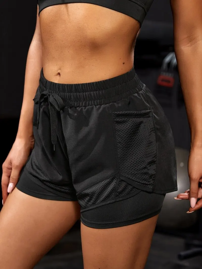 Pantalones cortos deportivos elásticos para mujer, pantalones cortos con bolsillos, mallas de yoga falsas de dos piezas para correr y entrenar