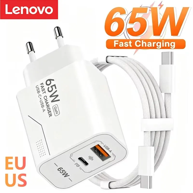 Cargador USB C Lenovo 65W GaN de 2 puertos con carga rápida para teléfono, adaptador de corriente para iPhone, Samsung, tipo C, enchufe europeo/estadounidense, cargador de pared