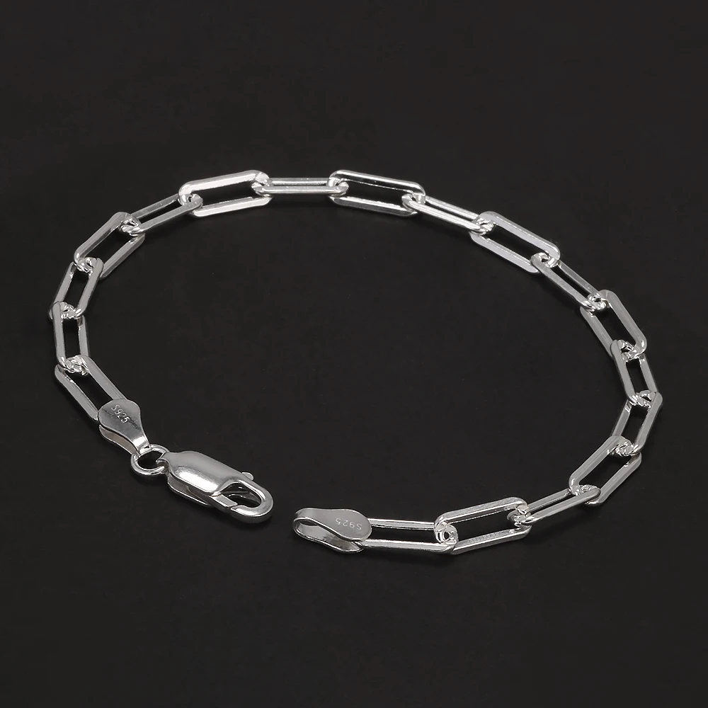Sólida plata 925, pulsera de cadena de eslabones con clip de papel de 4mm para hombres y mujeres, cadena de mano con Clip de papel, joyería Punk Simple de moda