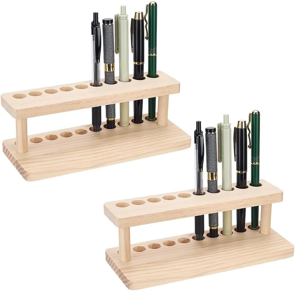 Expositor de Madera para 10 Bolígrafos, Color Marrón Coco, Organizador Vertical de Escritorio de Madera Maciza con Acabado de Madera Dura, Soporte para Bolígrafos de Tinta