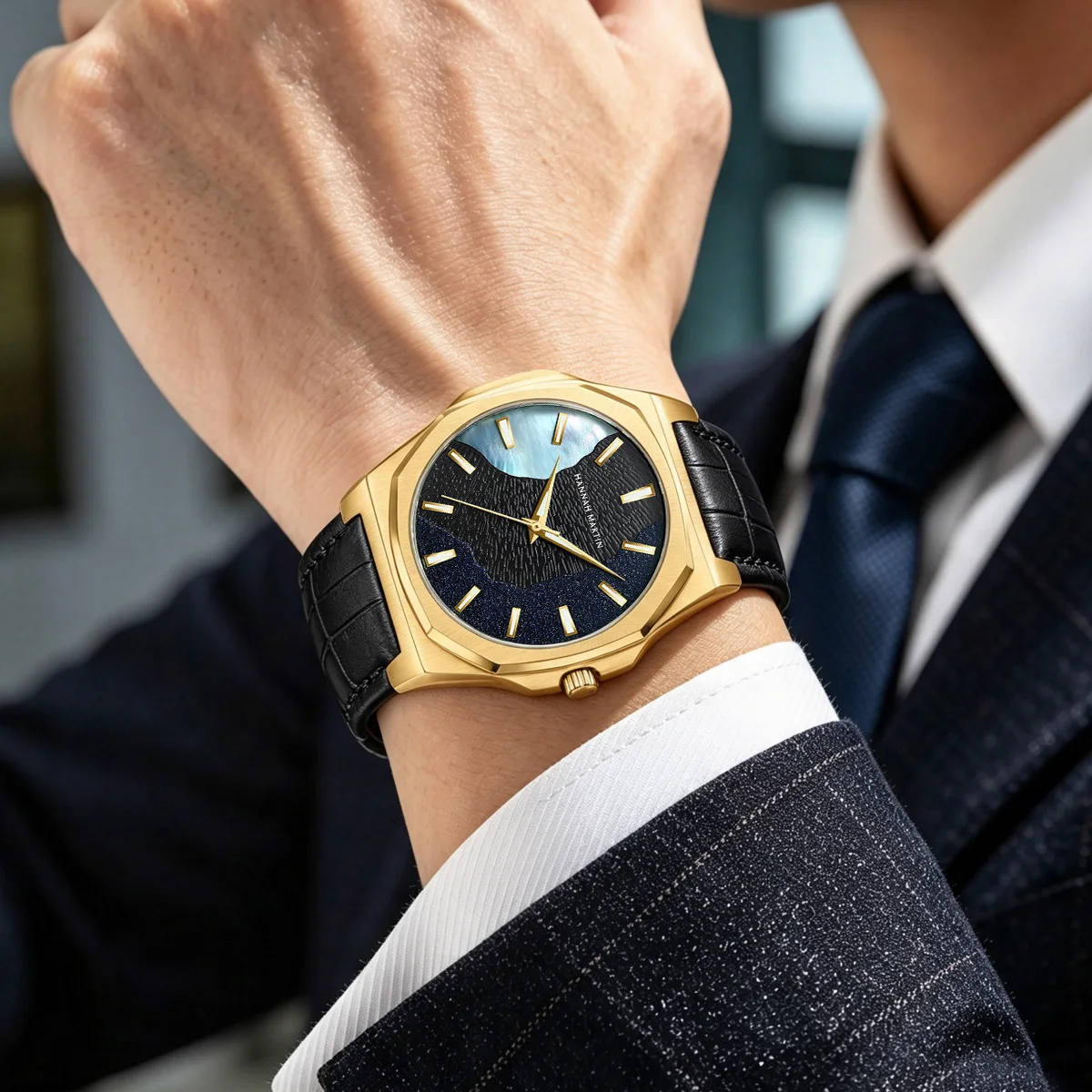 Reloj Hannah Martin para Hombre, 40mm, Acero Inoxidable y Cuero, Resistente al Agua, Reloj de Negocios con Movimiento de Cuarzo Japonés, Herramienta Incluida