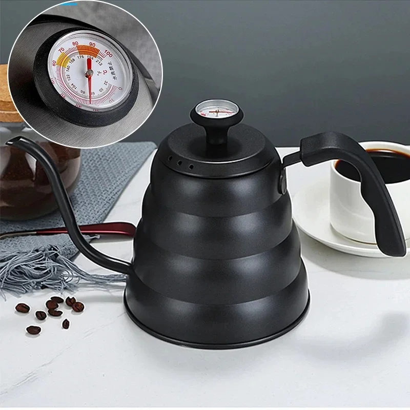 Cafetera de acero inoxidable con termómetro, cuello largo de cisne, alta capacidad, puede calentar café profesional hecho a mano