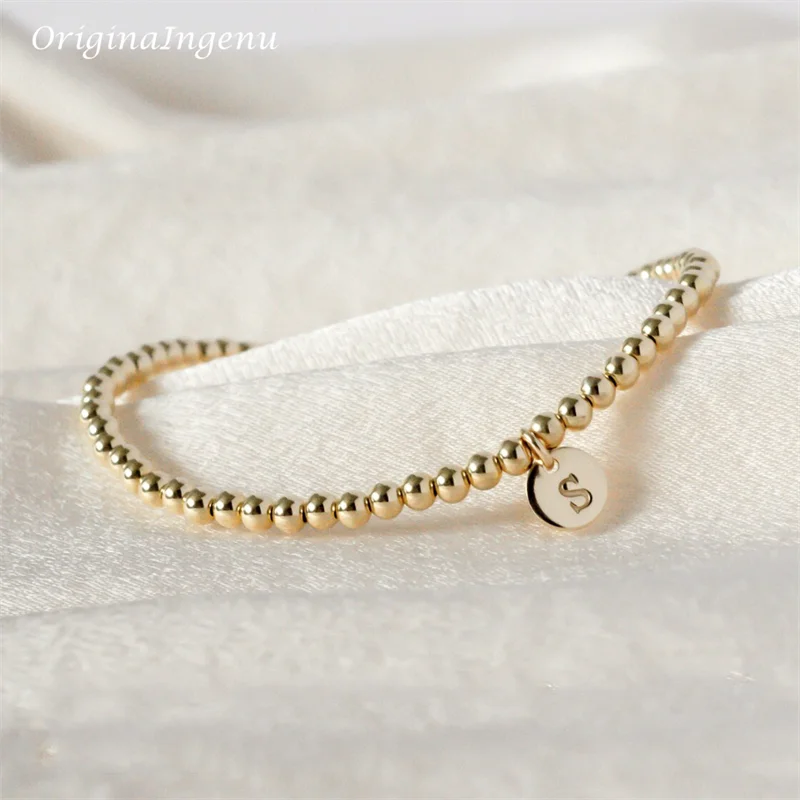 Pulsera de cuentas de oro hecha a mano, pulsera elástica llena de oro de 14 quilates, joyería con letras personalizadas, pulseras bohemias, joyería Bohemia Vintage para mujer