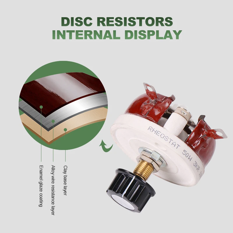 Reóstato de potencia Resistencia bobinada Variable rotativa Bc1-25W50W100W150W Resistencia ajustable en forma de disco marrón Reóstato deslizante 50Ohm 800Ohm 4.7Kohm Máx 5K Ohm