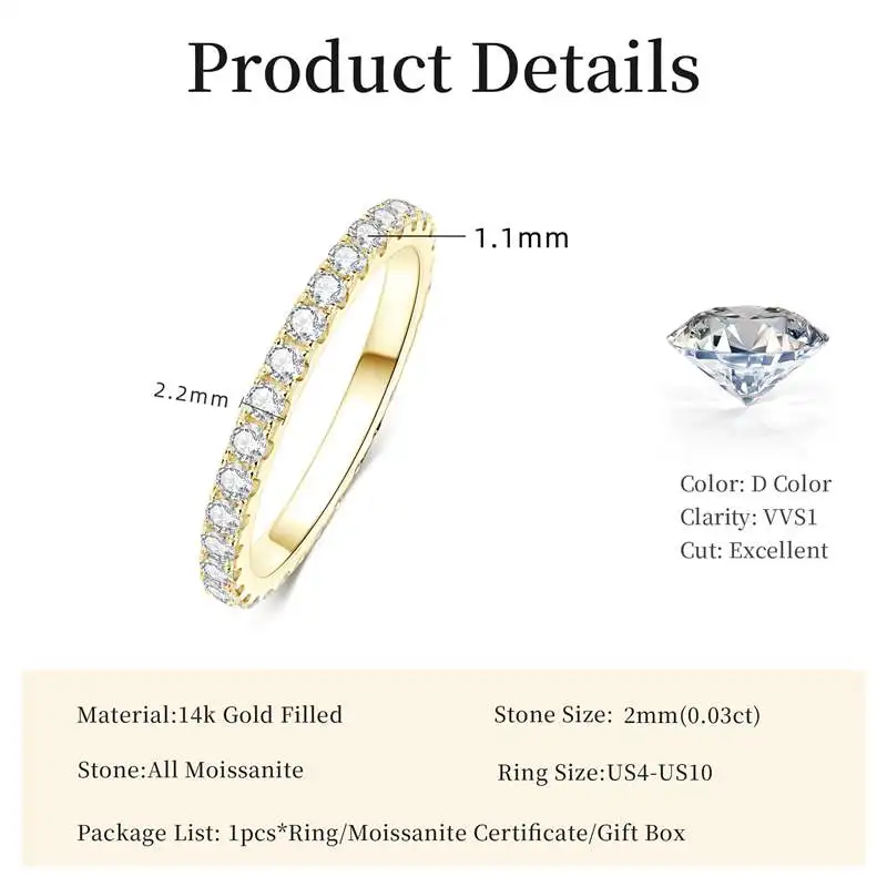 Anillo de boda Lnngy de oro de 14k para mujer, certificado D Color VVS1, anillo de eternidad de moissanita de 2mm creado en laboratorio, joyería brillante